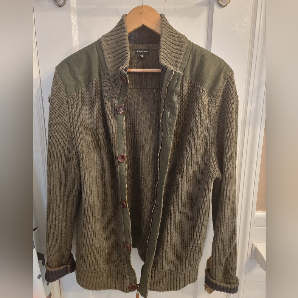 J. Peterman military style zipper cotton cardigan sweater size small